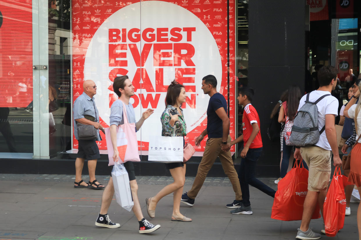 OXFORD STREET, LONDON, UNITED KINGDOM - 2019/06/22: Oxford Street is packed with shoppers  taking an advantage of large discounts as the summer sales season begins although  retailers continue to face the threat of online shopping. (Photo by Amer Ghazzal/SOPA Images/LightRocket via Getty Images)