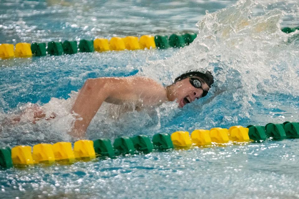 Pueblo County's Christian Garcia competes in the 200 yard freestyle during the S-CL Championship swim meet on Friday, May 3, 2024.