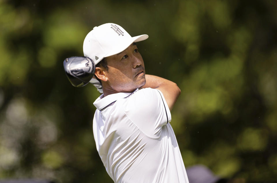 Kevin Na watches his shot from the fifth tee during the first round of LIV Golf Singapore at Sentosa Golf Club on Friday, April 28, 2023, on Sentosa Island in Singapore. (Doug DeFelice/LIV Golf via AP)