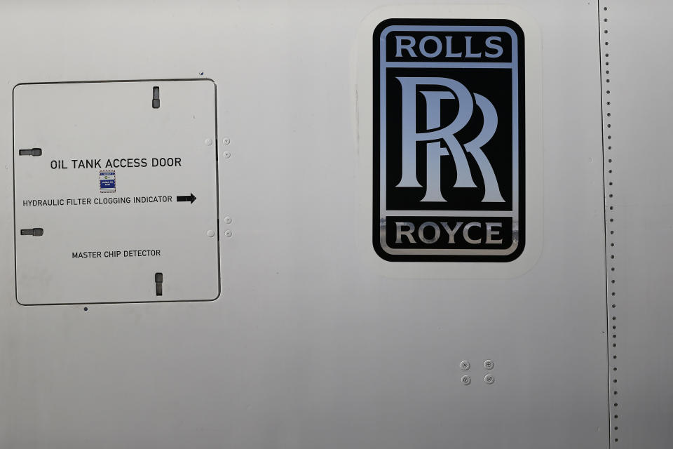 A Rolls-Royce logo on an Airbus A380 engine. Photo: Ivan Alvarado/Reuters