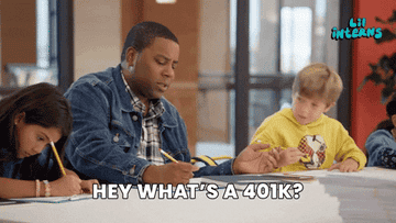 Adult and children at a table, child asks about a 401(k), comedic setting