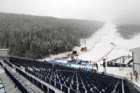 A view of the course after a men's World Cup super-G was cancelled due to bad weather, in Bansko, Bulgaria, Saturday, Feb. 23, 2019. (AP Photo/Gabriele Facciotti)