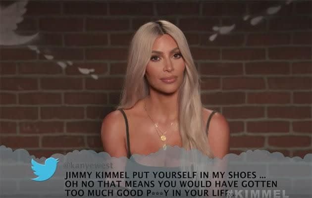 Kim used one of hubby Kanye West's tweets. Source: Jimmy Kimmel Live!