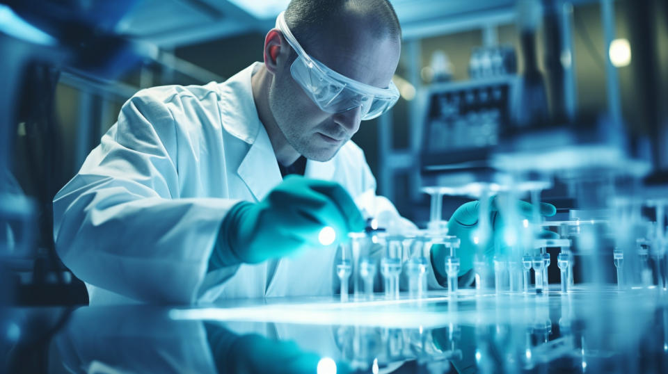 A scientist in a laboratory testing a monoclonal antibody for the treatment of cancer.