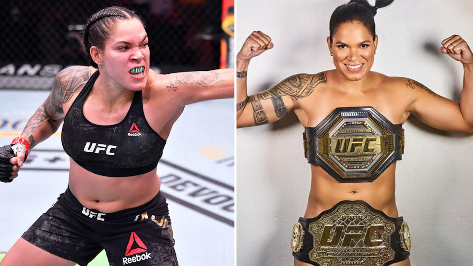 Pictured here, Amanda Nunes in action at UFC 250 and wearing nothing but her two UFC belts for a naked photo.