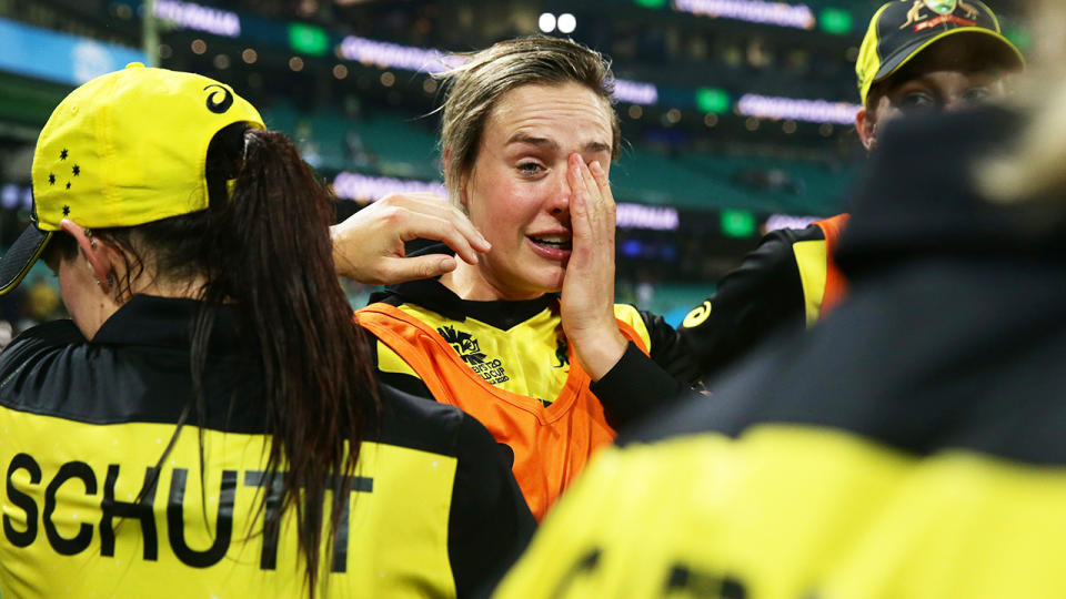 Ellyse Perry, pictured here in tears after Australia's victory over South Africa.