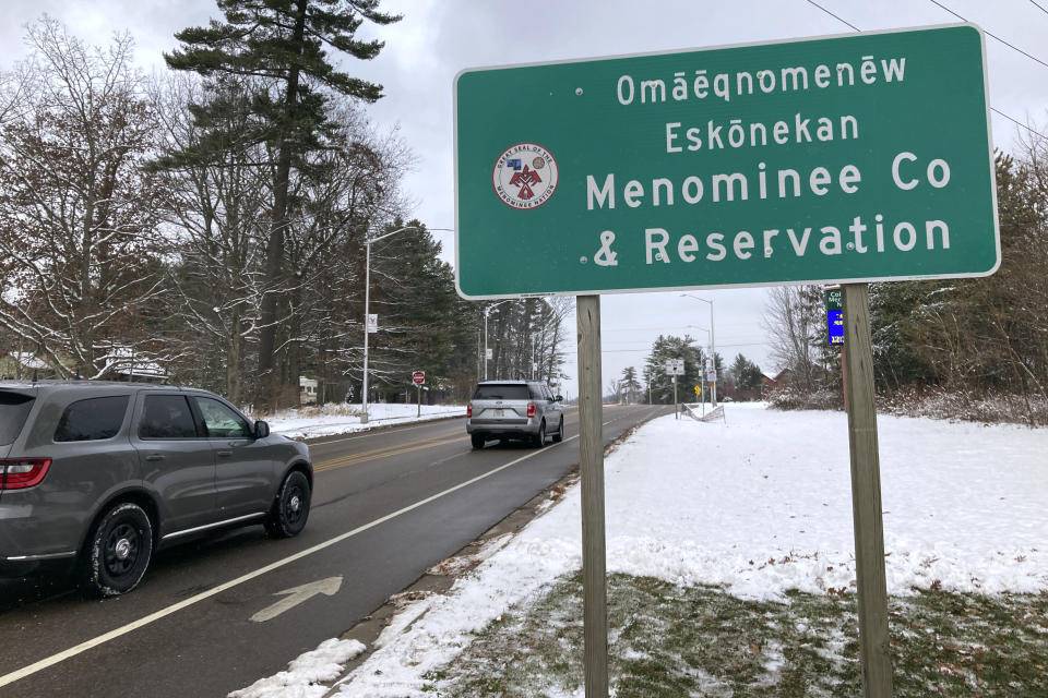 In a photo taken Nov. 17, 2022 provided by the Wisconsin Department of Transportation, a dual-language sign for the Menominee Indian Tribe of Wisconsin was erected along Highway 47/55 in Keshena, Wisconsin (Wisconsin Department of Transportation via AP)