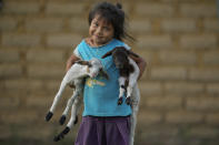 A girl from the Macuxi ethnic group plays with baby goats being raised for food for the Maturuca community on the Raposa Serra do Sol Indigenous reserve in Roraima state, Brazil, Sunday, Nov. 7, 2021. Bordering Venezuela and Guyana, the Indigenous territory is bigger than Connecticut and home to 26,000 people from five different ethnicities. (AP Photo/Andre Penner)