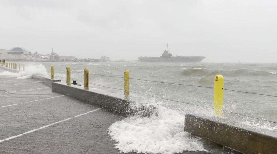 In this frame grab from video, waves come ashore in Corpus Christi, Texas, as winds blow in from Tropical Storm Harold, Tuesday, Aug. 22, 2023. (Stringr via AP)