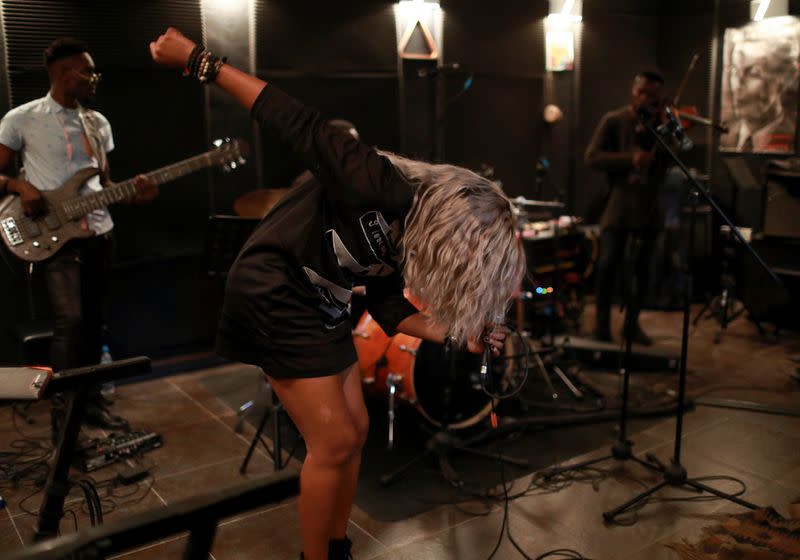 Bianca Okorocha performs during a rehearsal at the black star studio in Lagos