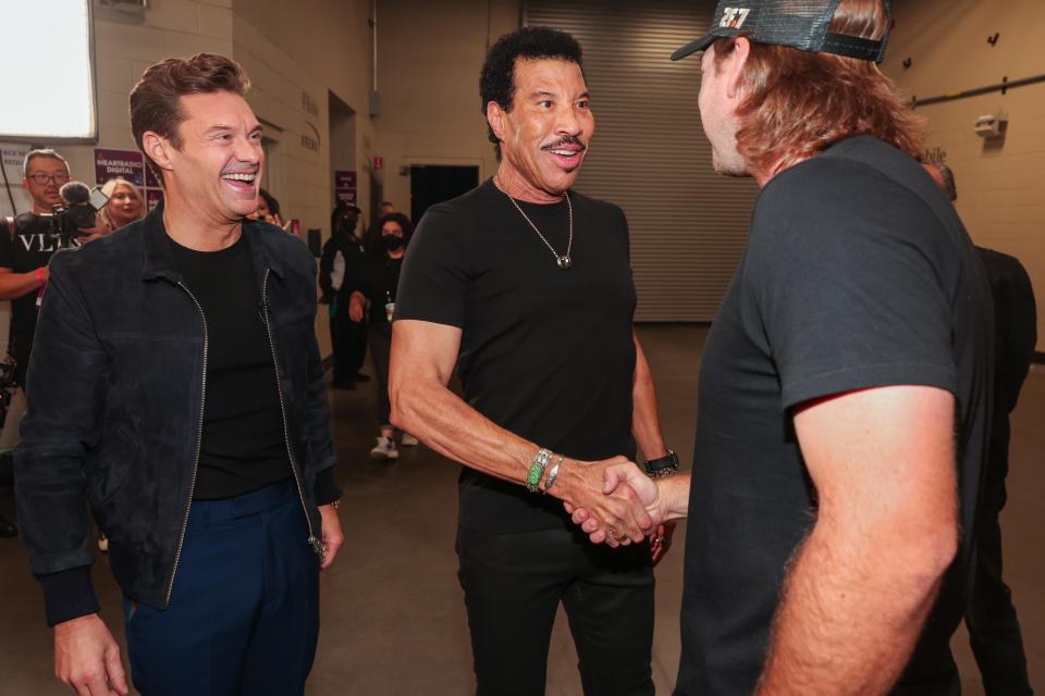 Ryan Seacrest, Lionel Richie, and Morgan Wallen backstage during night one of the iHeartRadio Music Festival held at T-Mobile Arena on September 23, 2022 in Las Vegas, Nevada.