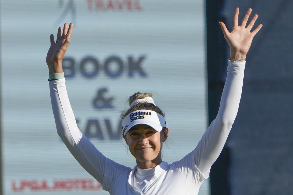 Nelly Korda reacts as she is announced as the winner of the of the Mizuho Americas Open golf tournament, Sunday, May 19, 2024, in Jersey City, N.J. (AP Photo/Seth Wenig)