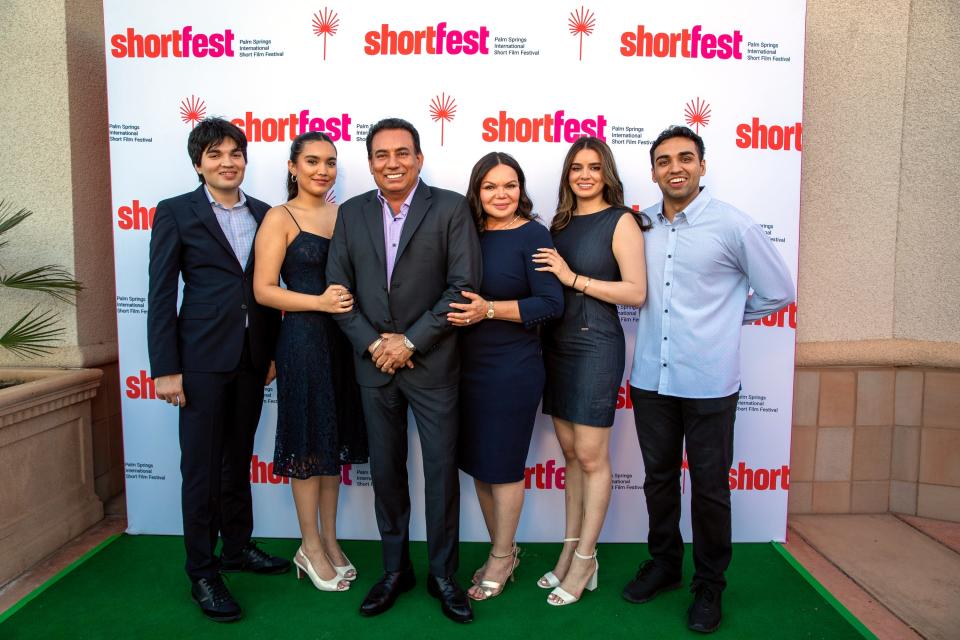 Palm Springs International Film Festival and Film Awards Chairman Nachhattar Chandi, center, and his family members, David Chandi, Angelie Chandi, Susana Chandi, Aman Chandi and Gurvinder Chandi attend opening night of the 29th annual Palm Springs International ShortFest in Palm Springs, Calif., on Tuesday, June 20, 2023. 