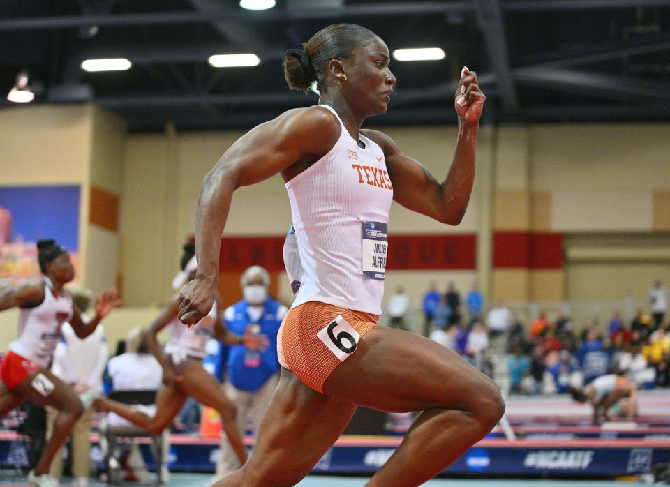 Texas sprinter Julien Alfred has a shot to break Sha'Carri Richardson's meet record in the 100-meter dash at this week's NCAA championships. (Photo by Sam Wasson/NCAA Photos via Getty Images)