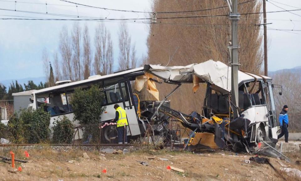 The wreckage of the school bus in Millas, near Perpignan, southern France.