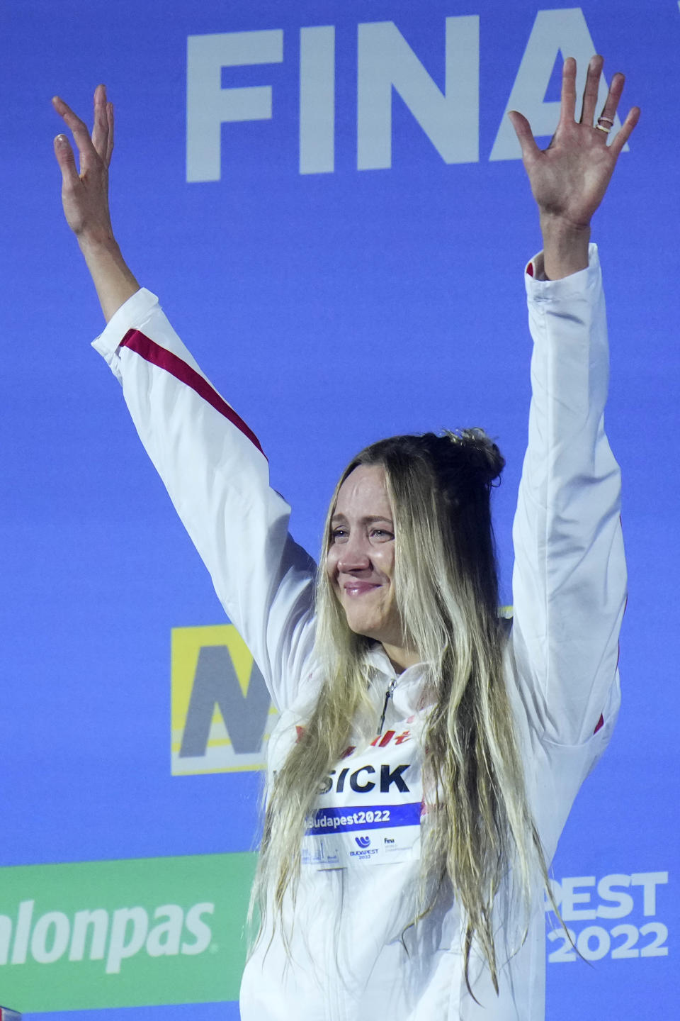 Ssecond placed Katarzyna Wasick celebrates after the women's 50m freestyle final at the 19th FINA World Championships in Budapest, Hungary, Saturday, June 25, 2022. (AP Photo/Petr David Josek)