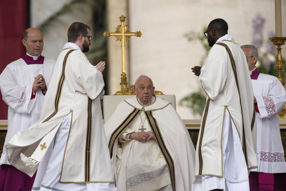 Pope Francis celebrates Easter mass in St. Peter's Square at the Vatican, Sunday, March 31, 2024. (AP Photo/Andrew Medichini)