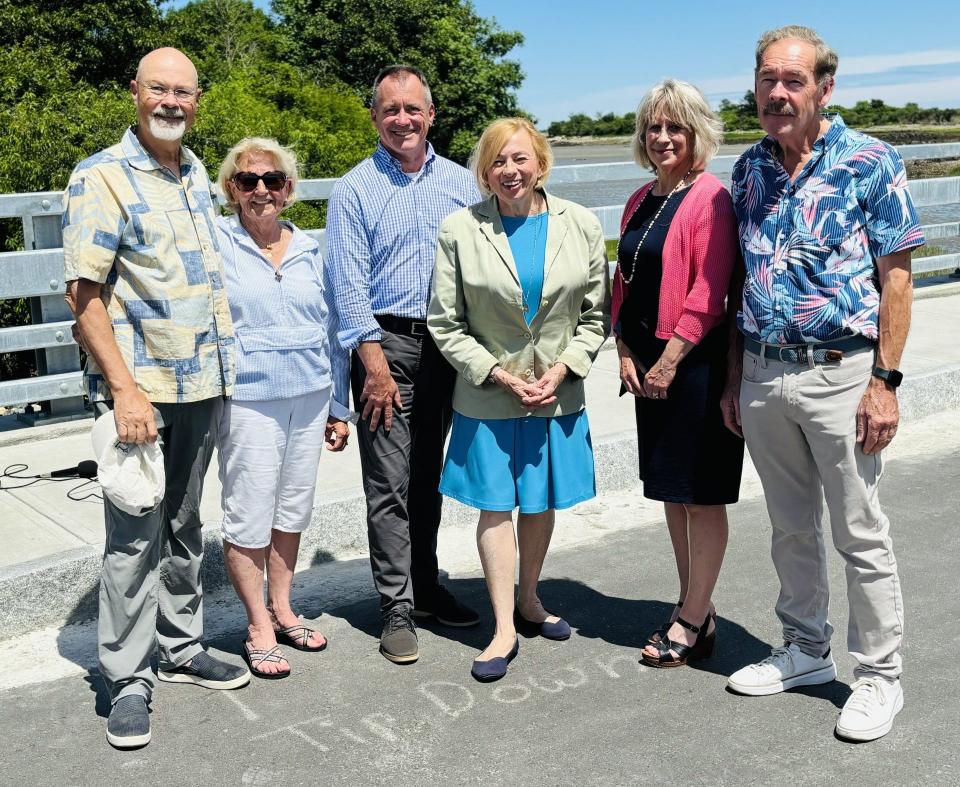 Governor Janet Mills, third from right, is seen here in Kennebunkport, Maine, with members of the town's Select Board on July 1, 2024. From left are Select Board members Jon Dykstra, Sheila Matthews-Bull, David Bancroft, MaryBeth Gilbert, and Chair Allen Daggett.