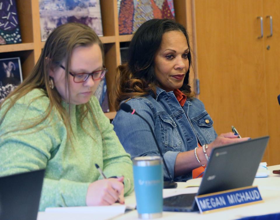 RSU 21 Superintendent of Schools Dr. Teri Cooper, right, and School Board member Megan Michaud listen to comments from the public May 13, 2024.