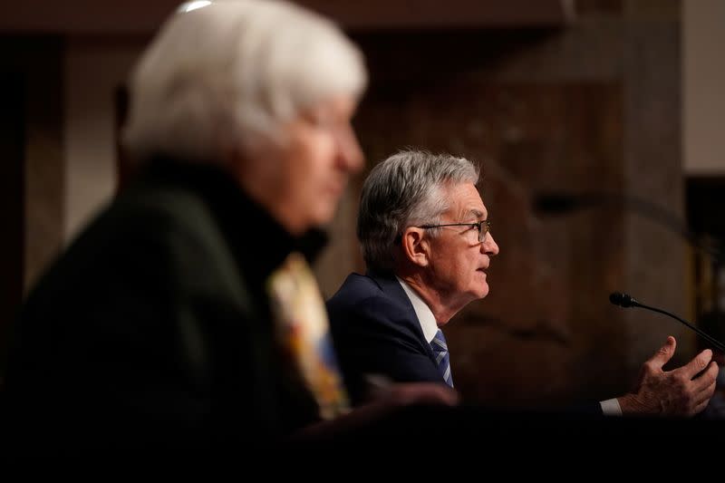 Treasury Secretary Janet Yellen and Federal Reserve Chair Jerome Powell testify before a Senate Banking Committee hybrid hearing on oversight of the Treasury Department and the Federal Reserve on Capitol Hill in Washington