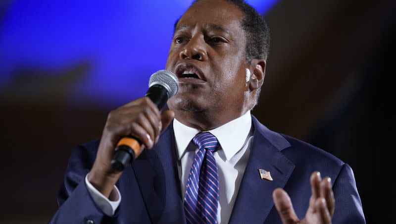 Republican conservative radio show host Larry Elder speaks to supporters after losing the California gubernatorial recall election Tuesday, Sept. 14, 2021, in Costa Mesa, Calif. Elder has now announced a bid for the GOP presidential nomination.