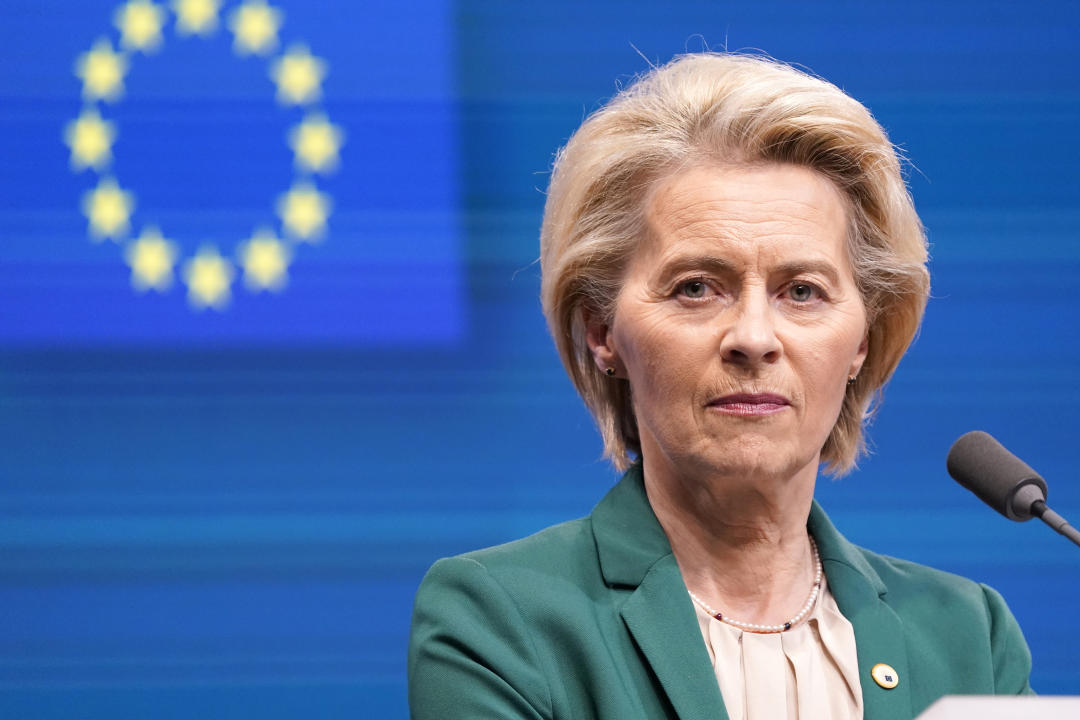 BRUSSELS, BELGIUM - APRIL 18: Ursula von der Leyen President of European Commission attends a press conference during Special European Council Meeting on April 18, 2024 in Brussels, Belgium. (Photo by Pier Marco Tacca/Getty Images)