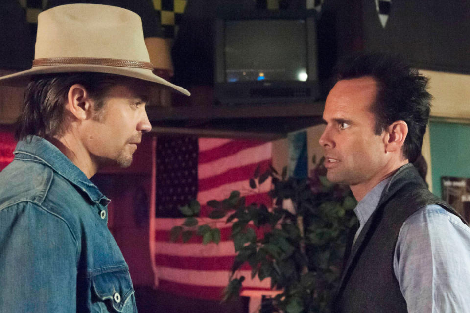 JUSTIFIED, l-r: Timothy Olyphant, Walton Goggins in 'Ghosts' (Season 4, Episode 13, aired April 2, 2013), 2010-, ph: Prashant Gupta/©FX/courtesy Everett Collection