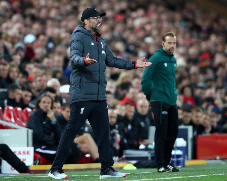 A concerned Klopp saw his side throw away a three-goal lead. (Photo by Clive Brunskill/Getty Images)