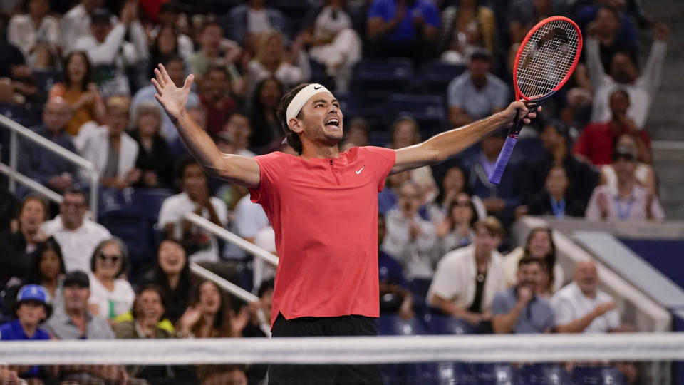 Taylor Fritz, of the United States, reacts after winning a point against Jakub Mensik, of the Czech Republic, during the third round of the U.S. Open tennis championships, Friday, Sept. 1, 2023, in New York. (AP Photo/Charles Krupa)