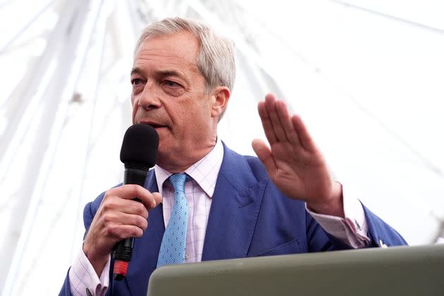 Reform UK leader Nigel Farage gives a speech to supporters on Clacton Pier in Essex, while on the General Election campaign trail.
