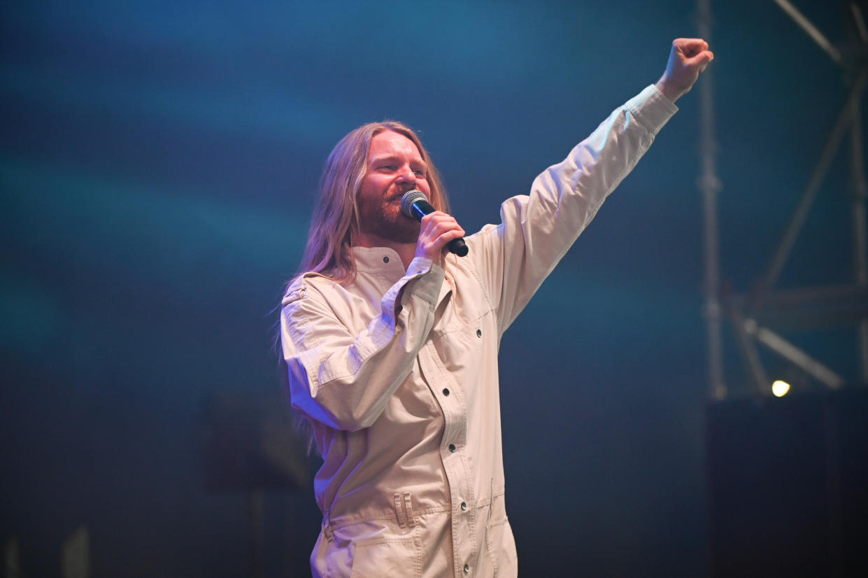 SHEFFIELD, SOUTH YORKSHIRE, UNITED KINGDOM - 2022/07/23: Sam Ryder performs his Eurovision song Spaceman at Tramlines Festival in Sheffield. (Photo by Robin Burns/SOPA Images/LightRocket via Getty Images)