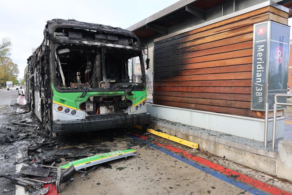 A fire on an IndyGo Red Line bus at the 38th and Meridian streets stop April, 24, 2024 is being investigated as arson.