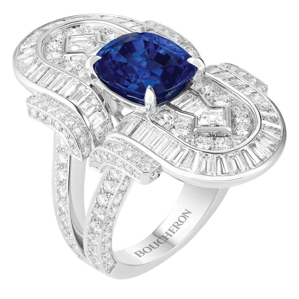 Boucheron’s latest high-jewelry collection is inspired by a brooch presented to then-Princess Elizabeth in 1944; this Hypnotic Blue ring, featuring a 6-carat cushion-cut sapphire surrounded by diamonds and set in 18-karat white gold, takes its cue from that design; price upon request, at Neiman Marcus, Beverly Hills