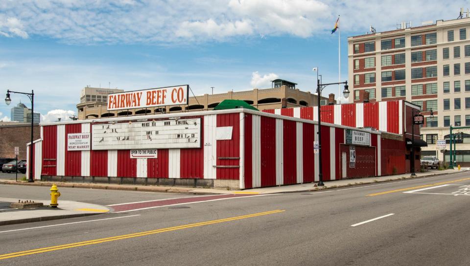 The former Fairway Beef Co. building at Grafton and Temple streets is for sale. Sir Loin, the metal longhorn bull, is gone from the roof.