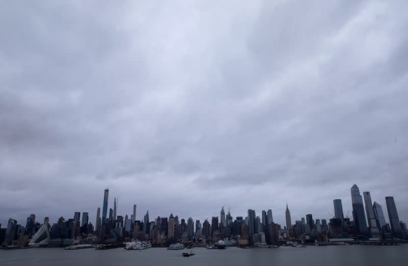 The New York City skyline of Manhattan during outbreak of the coronavirus disease (COVID-19), from Weehawken