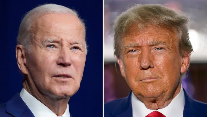 In this combination of photos, President Joe Biden, left, speaks on Aug. 10, 2023, in Salt Lake City, and former President Donald Trump speaks on June 13, 2023, in Bedminster, N.J.