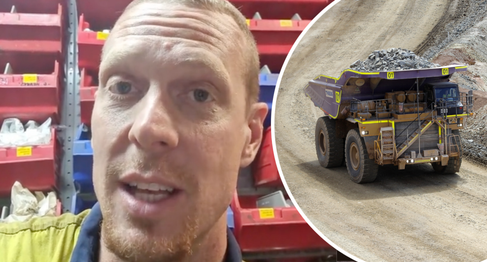 FIFO miner Jordan next to an insert of a mining truck