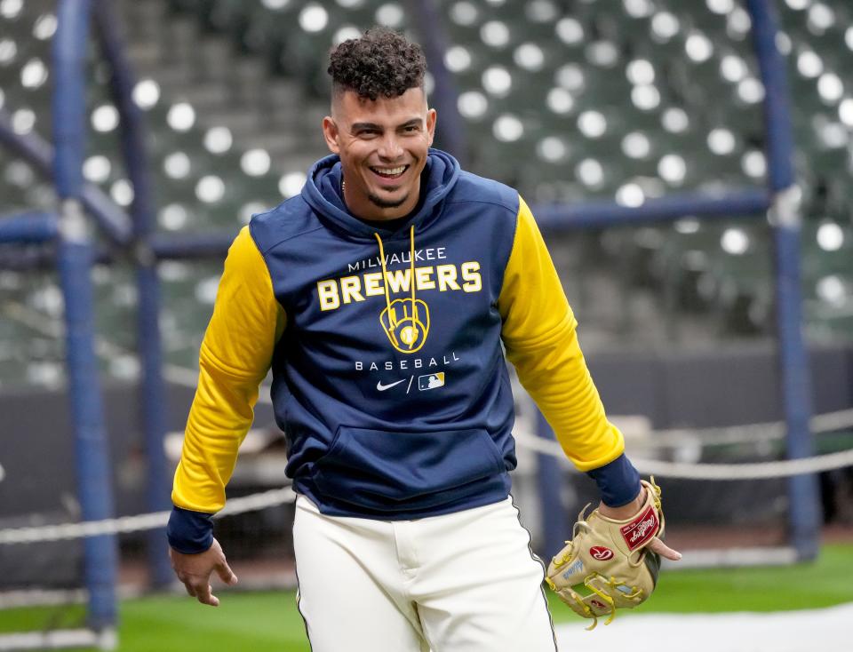 Milwaukee Brewers shortstop Willy Adames (27) has a laugh during a workout at American Family Field in Milwaukee on Wednesday, April 6, 2022.  Photo by Mike De Sisti / The Milwaukee Journal Sentinel 