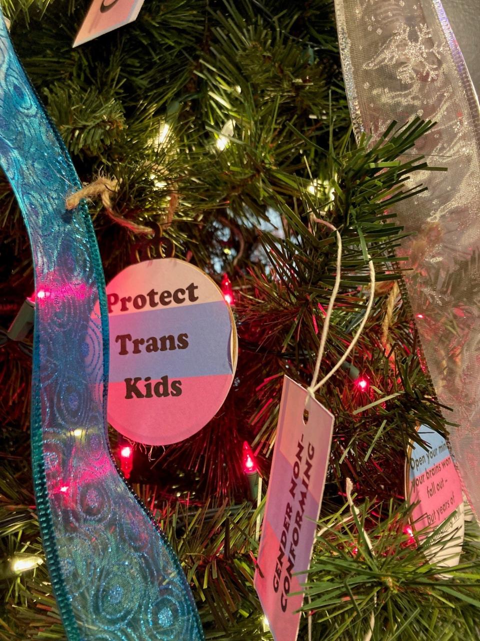 Bay Area Council for Gender Diversity, which focuses attention on empowering trans and nonbinary folks in northeastern Wisconsin, decorated its tree with words of courage and affirmation.