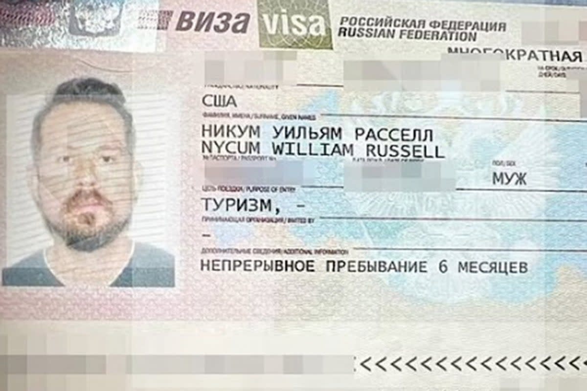 William Russell Nycum, pictured on his Russian tourist visa. He reportedly fell asleep while intoxicated in a children’s library in Moscow, where he was later detained (Ren TV)