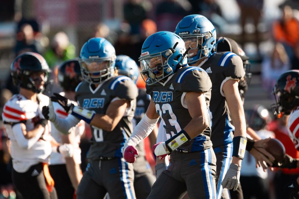 Rich High School’s Drake Weston celebrates after a good defensive play during the 1A 8-player football state championship agains Monticello High School at Southern Utah University in Cedar City on Saturday, Nov. 11, 2023. | Megan Nielsen, Deseret News