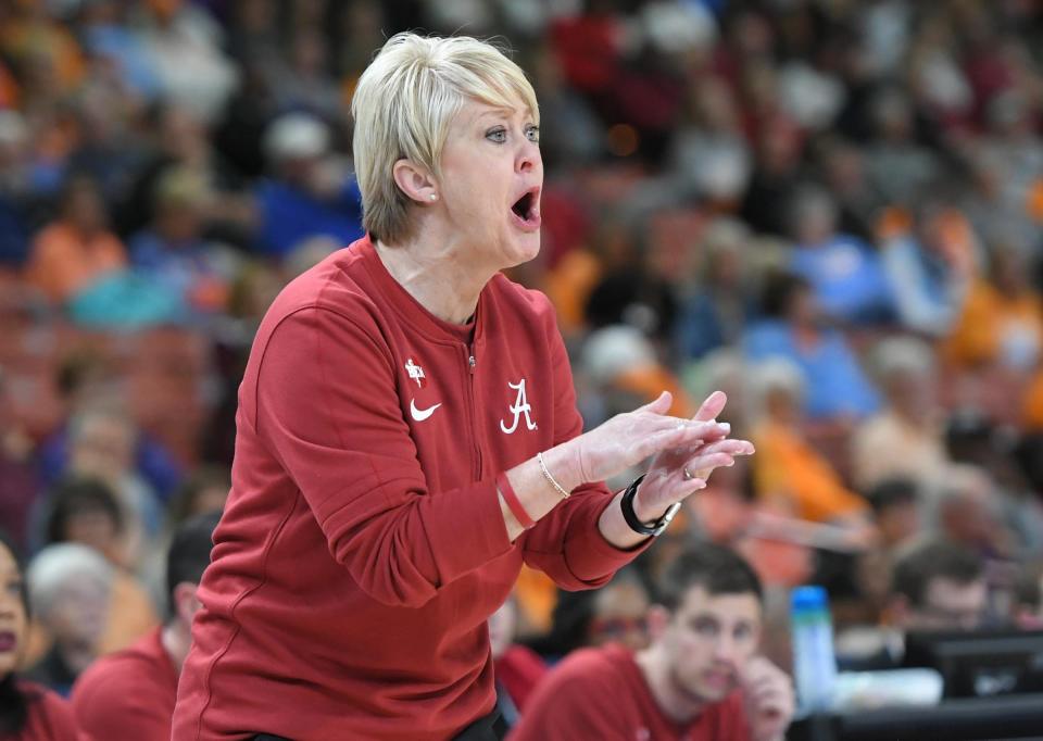 Alabama coach Kristy Curry leads the Crimson Tide during an SEC Tournament game against Texas A&M on March 8. The Crimson Tide received an at-large NCAA bid after finishing fourth in the SEC.
