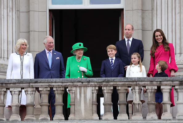 <div class="inline-image__caption"><p>Camilla, Prince Charles, Queen Elizabeth II, Prince George, Prince William, Princess Charlotte, Catherine, Duchess of Cambridge, and Prince Louis on the balcony of Buckingham Palace during the Platinum Jubilee Pageant on June 5.</p></div> <div class="inline-image__credit">Chris Jackson/Getty</div>