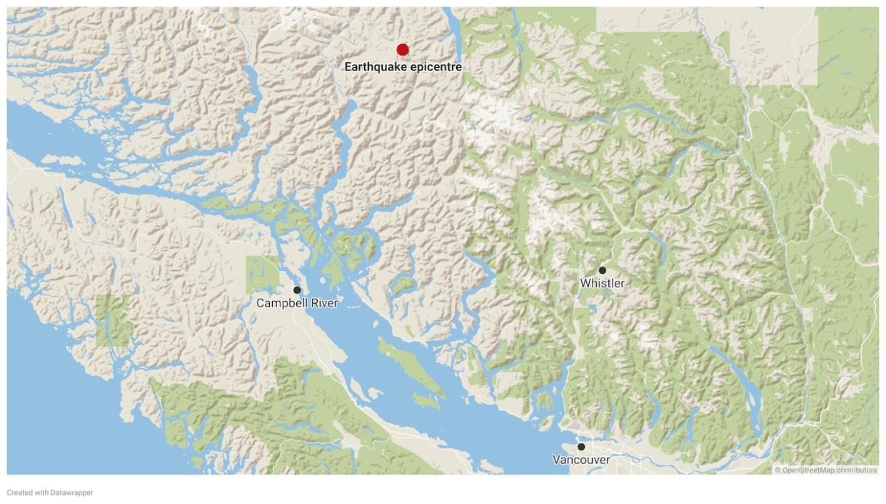 A minor 4.9 magnitude earthquake, about 222 kilometres northwest of Vancouver, shook B.C.'s Coast Mountains on Sunday, according to Earthquakes Canada. (Datawrapper, Arrthy Thayaparan/CBC - image credit)