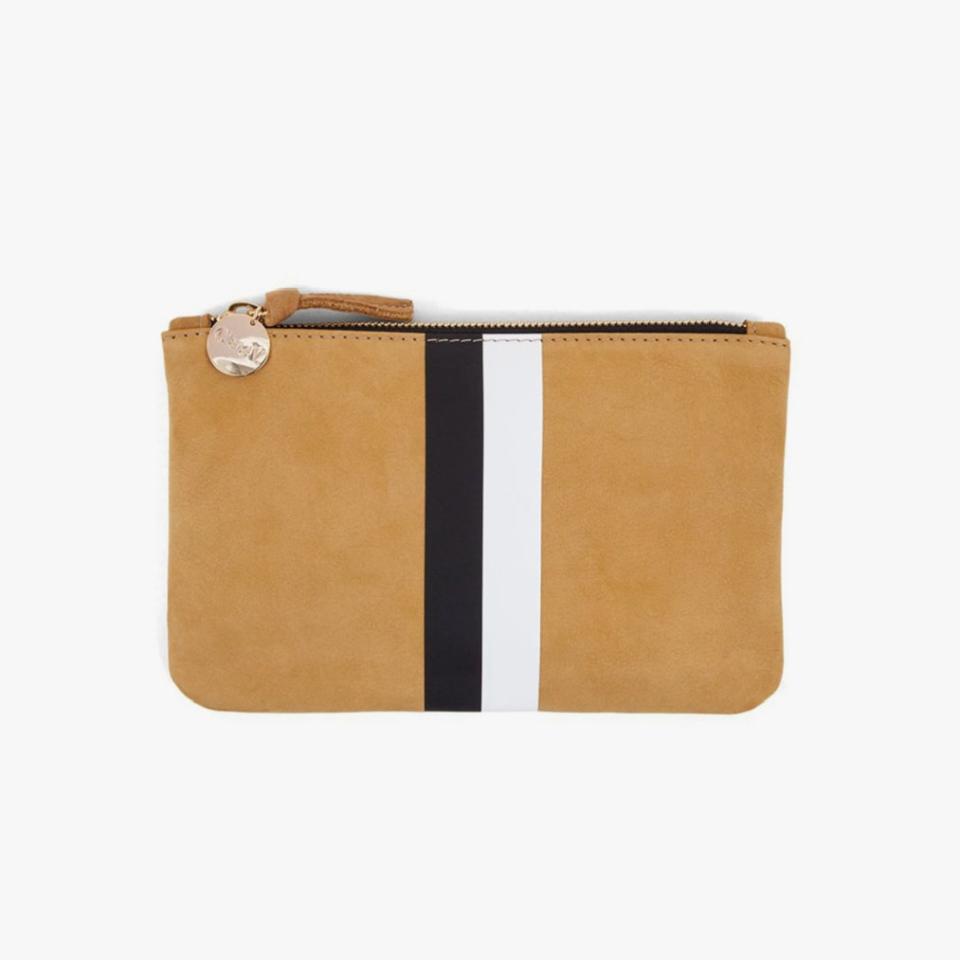 Clare V. camel wallet clutch with black and white stripes