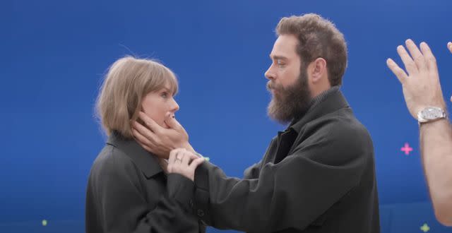 <p>Taylor Swift/YouTube</p> Taylor Swift and Post Malone behind-the-scenes of their "Fortnight" music video