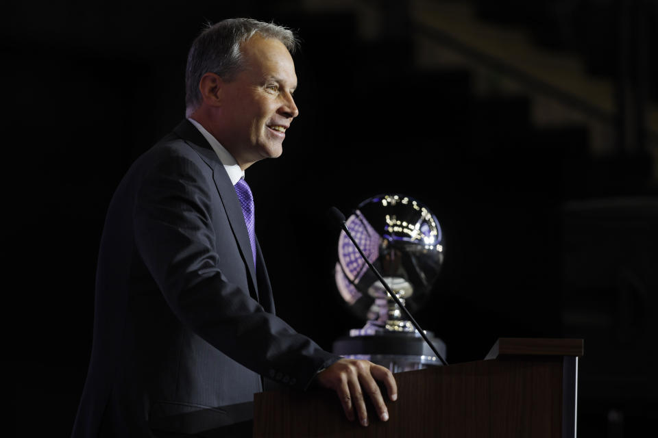 Northwestern head coach Chris Collins speaks during Big Ten NCAA college basketball Media Days Tuesday, Oct. 10, 2023, in Minneapolis. (AP Photo/Bruce Kluckhohn)