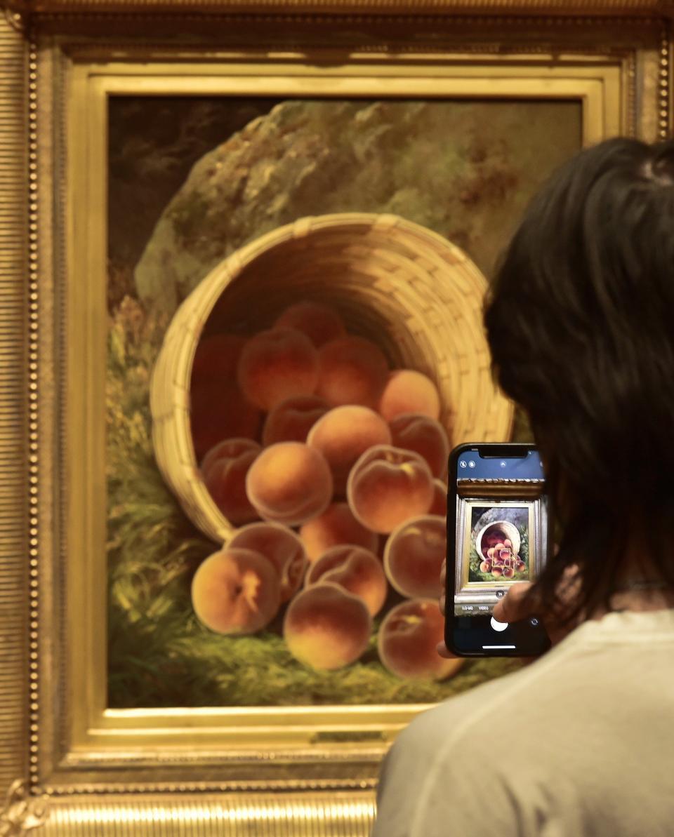 A visitor takes a photo of William Mason Brown's "A Basket of Peaches, Upset" painted in 1865. It's part of the exhibition "American Made: Paintings and Sculpture from the DeMell Jacobsen Collection."