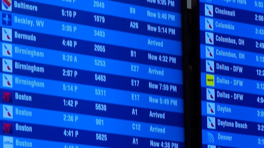The boards at the airport showing the slew of flight delays caused by the global tech outage.