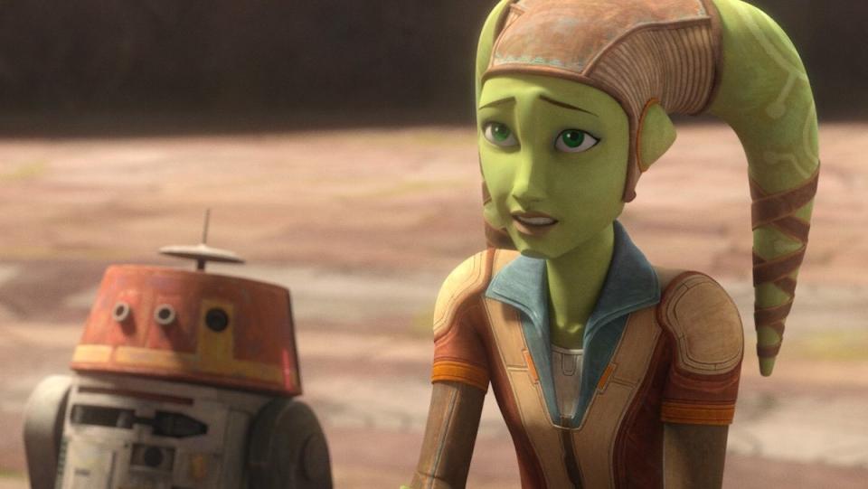 Young green Twi-lek Hera Syndulla with the droid Chopper